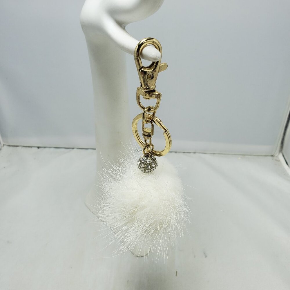 Ali Khan faux fur Pom Pom gold key chain with rhinestones and gift box